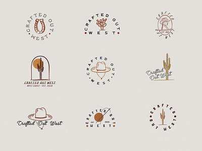 Crafted Out West Logo Design and Branding badge design badge logo brand identity branding desert illustration illustration art illustrations logo logo design logos minimal minimalism minimalist minimalistic simple illustration simple logo type design typography western