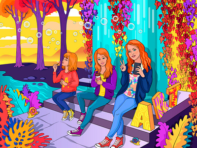 Cute red-head girls colorful cartoon illustration cartoon girls illustration sisters