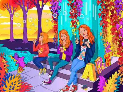 Cute red-head girls colorful cartoon illustration