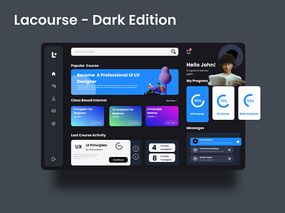 Lacourse - Online Course Dashboard Dark Edition glassmorphism onlinecourse ui uidesign uidesigner uiux uxigers web app webdesign webdesignagency webdesigner