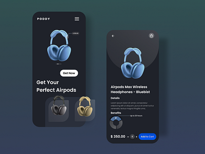 Poddy App - Mobile App UI Design airpods appdesign apple design headphones ui uidesign uidesigner uxigers