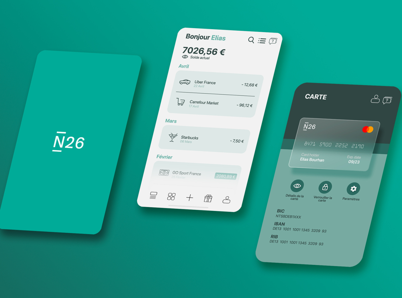 Fictitious interface of the N26 application by Elias Bourhan on Dribbble