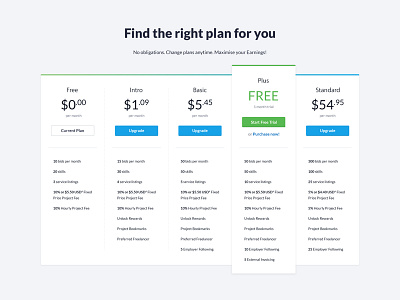 The Right Plan freelancer plan price table ui