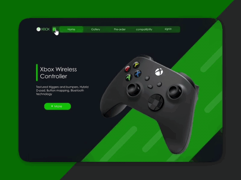 Xbox wireless controller website UI 3d animation branding figma figma designs graphic design green greentheme logo microsoft minimal motion graphics trend trending design xbox