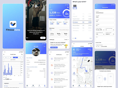 Fitness Zone App Design adobe xd androind app design blue figma fitness fitness app freebie gym ios minimal minimal design mobile app mobile ui smartewatch ui kit ui trend user experience ux design workouts