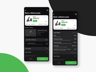 App - Rent a Motorcycle app booking booking app dark theme darkmode design interface mobile mobile app scooter