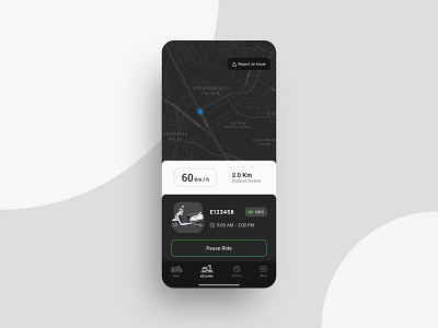 On ride screen ( dark theme ) adobe xd app app design booking app design escooter flat flat design interface location micromiobility minimal travel ui ui design uiux