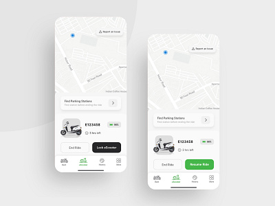 Ride screen - Pause & Resume options ( light theme ) adobe xd app app design booking app design flat flat design interface location micromobility minimal mobility travel ui ui ux uidesign uiux