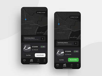 Ride screen - Pause & Resume options ( dark theme ) adobe xd app app design booking app design escooter flat design interface interface design location micromobility mobility renting ui design