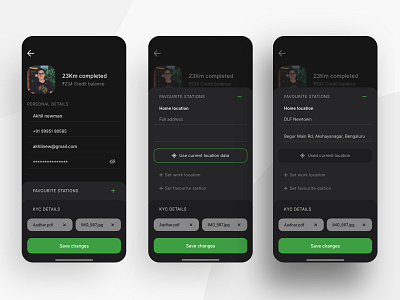 Rent an eScooter - Profile edit view ( dark theme ) adobexd app app design booking app design edit edit page interface interface design location map micromobility minimal mobility uiux