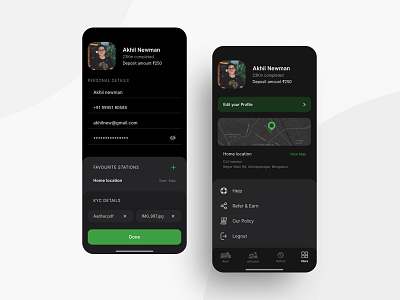 Rent an eScooter - Profile section ( dark theme ) adobe xd app design booking app design escooter flat interface micromobilty mobile mobile app mobility profile ui ui design uiux