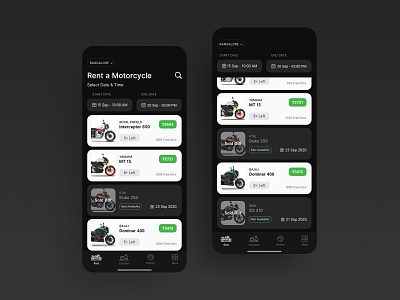 Bike / Scooters list - Two wheeler Renting App adobe xd app app design booking app dark app dark theme dark ui design interface ios mobile mobile app mobility product design scooter ui ui design uiux