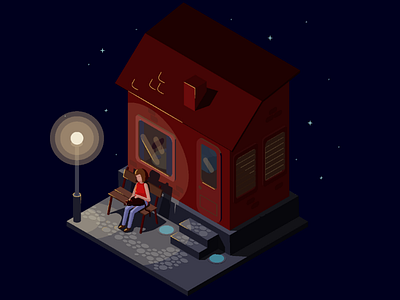 Night story cat evening girl house illustration isometric isometric illustration isometry lights night sleepy vector vector illustration