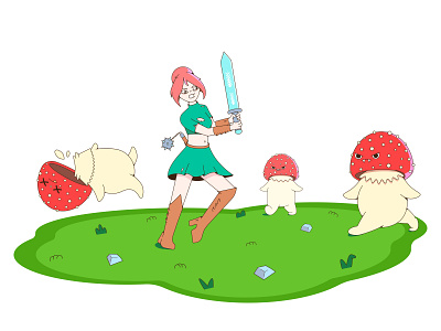 Girl vs Mushrooms fly agaric girl illustration mushroom sword vector warrior