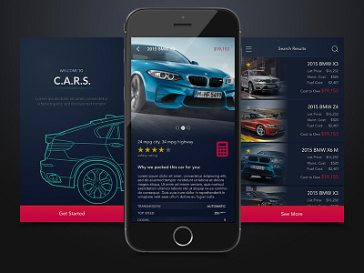 C.A.R.S. app buy car cars dark ecommerce flat ios list shop transportation vehicle