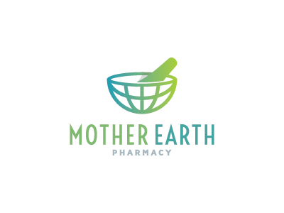 Mother Earth Pharmacy earth globe logo mark mortar pestle pharmacy symbol