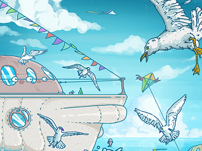 Yellow whale plays with seagulls illustration sea seaguls whale yellow
