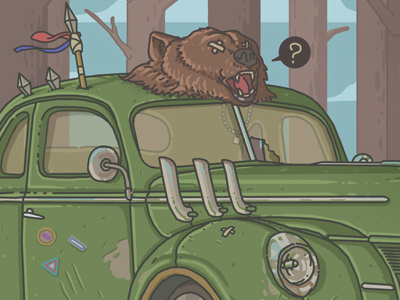 20th century classic cars. 20th art bear car classic color dog forest illustration indie lineart