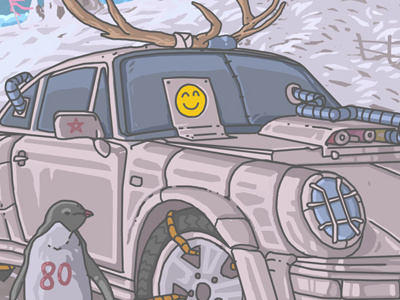 20th century classic cars. 20th art car classic color deer illustration indie lineart penguin winter
