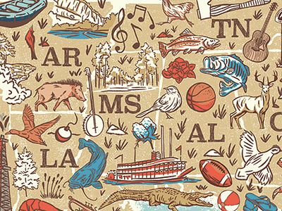 Southern Map alabama apparel fish georgia icons illustration south south carolina southern tennessee trout type
