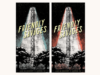 Friendly Savages: Moontower austin band concert friendly savages gig poster illustration moontower music poster screenprint texas typography