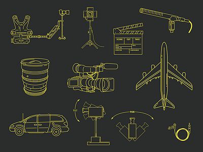 In-Book Iconography (1 of 2) camera film icons lineart linework mic minivan monowidth movie plane vector yellow