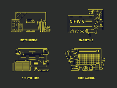 In-Book Iconography (2 of 2) camera film icons lineart linework mic minivan monowidth movie plane vector yellow