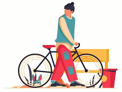 Girl and Bicycle Flat Illustration