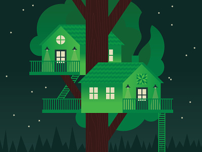 Tree Housin' architecture camp geometric house illustration nature night stars tree treehouse