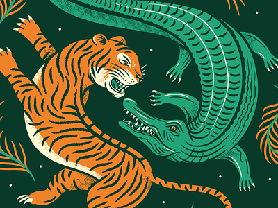 Cat Meets Lizard alligator battle beer brewery fern fight illustration ipa plant tiger vector