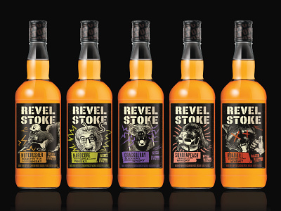 Revel Stoke Whisky bottle branding collage dumb illustration label logotype minnesota packaging portfolio punk rebrand spirits whiskey whisky wild zine