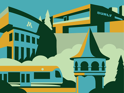 Prospect Parking Lot brewery illustration minneapolis mural stadium surly tower train trees vector