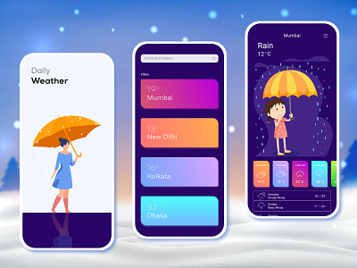 Daily Weather App Design after effect aftereffects app design dailyui design effect illustration illustration art prototype prototype animation seasonal snowfall spring uiux weather web design web ui design website design website designer winter