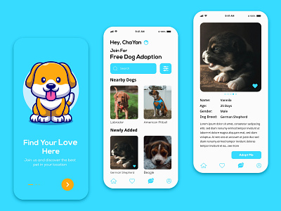 Free Dog Adoption App Design app design buy pets cat daily ui dailyui dog dog adoption dog care dog care app dog illustration dogs pets ui ui design uiux user interface