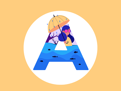 Alphabet "A" a alphabet design girl illustration rain umbrella water