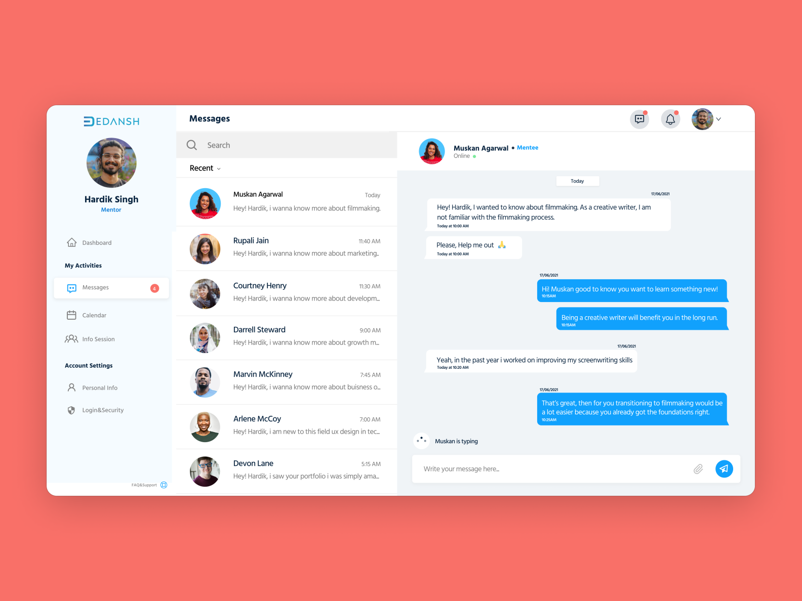 Chat Dashboard Design | Mentoring Platform by Pratyush Atri on Dribbble