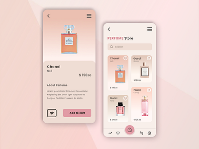 Perfume Store App app design app for woman button design design elegant fonts footer luxury brand pastel colors perfume store pink pink colour shopdesign shopping app shopping cart store app store design typogaphy ui user interface design