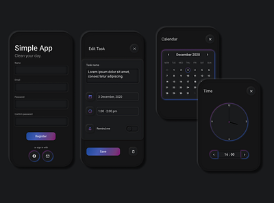 Simple App app design black white button design calendar clock dark app dark mode dark ui flatdesign gradients input box list minimal neumorphic neumorphic design registration simple clean interface simple design task list todolist