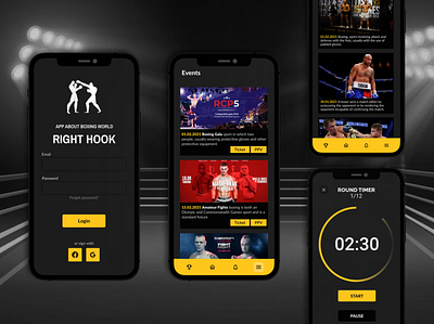 Right Hook - Boxing App app design box boxer boxing buttons dark app dark mode dark ui events fight flatdesign gloves login news sport sport app sports branding sports design timer yellow