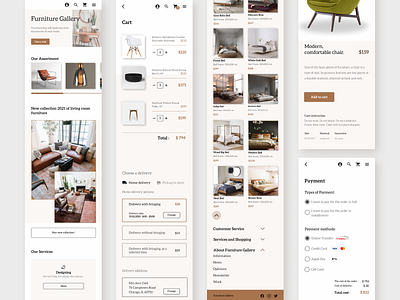 Mobile. Furniture Gallery branding bright color first shot footer furniture store grid homedecor landingpage minimal mobile app mobile ui mobileview modern payment product list rwd screen of product store store design visual design