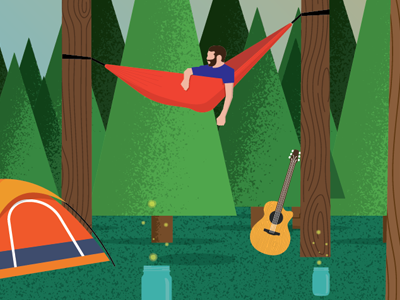 The Woods camping guitar hammock illustration landscape tent tree vector