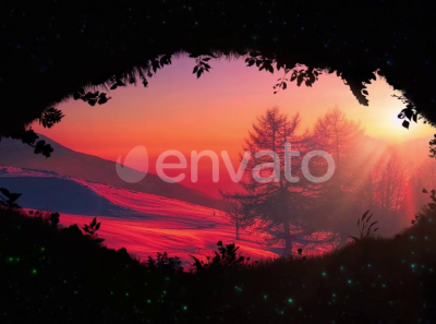 Sunset from a Beautiful Cave Animation animation beautiful buy cave entrance envato illustration landscape motion graphics nature plants silhouette stars sunset videohive
