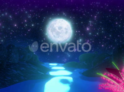 River Under Moon Light Animation animation background beautiful buy envato flower glow illustration landscape moon nature reflection river rocks scenery starrynight stars videohive