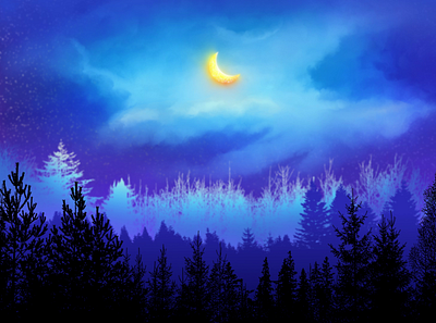 Starry Night Sky With Golden Moon animation beautiful buy clouds design envato forest golden moon half moon illustration landscape moon motion graphics nature parallax ramadan scenery sky starry stars
