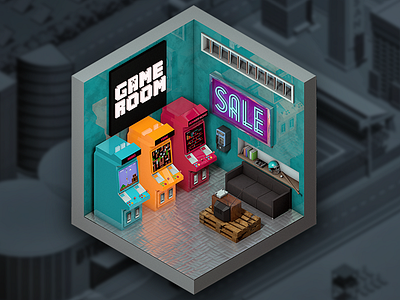 GAME ROOM 3d art cinema4d city digital game gamedesign illustration isometric lowpoly polygonal render