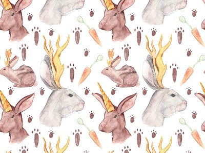 Mythical Rabbits al miraj antlers bunny carrot fantasy jackalope mythical painting pattern rabbit watercolor wolpertinger