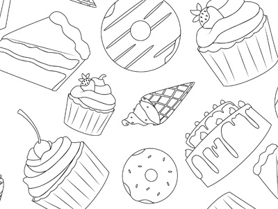 Sweets & Treats - Black & White cake coloring page cupcake dessert doughnut food ice cream cone illustration pattern slice of cake sweets treats