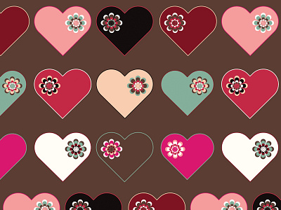 Flower Hearts brown chocolate cream daisy digital illustration flower flowers heart hearts illustration love pattern pink red repeat pattern sea foam green valentines valentines day vector white