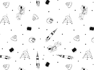 Moon Landing adventure astronaut black and white doodle drawing galaxy lunar lunar lander moon moon landing outerspace pattern rocket science space space exploration space shuttle spaceship spacesuit stars