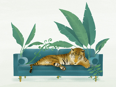 The tiger and the couch animal couch illustration interior nature plants sleeping sofa tiger